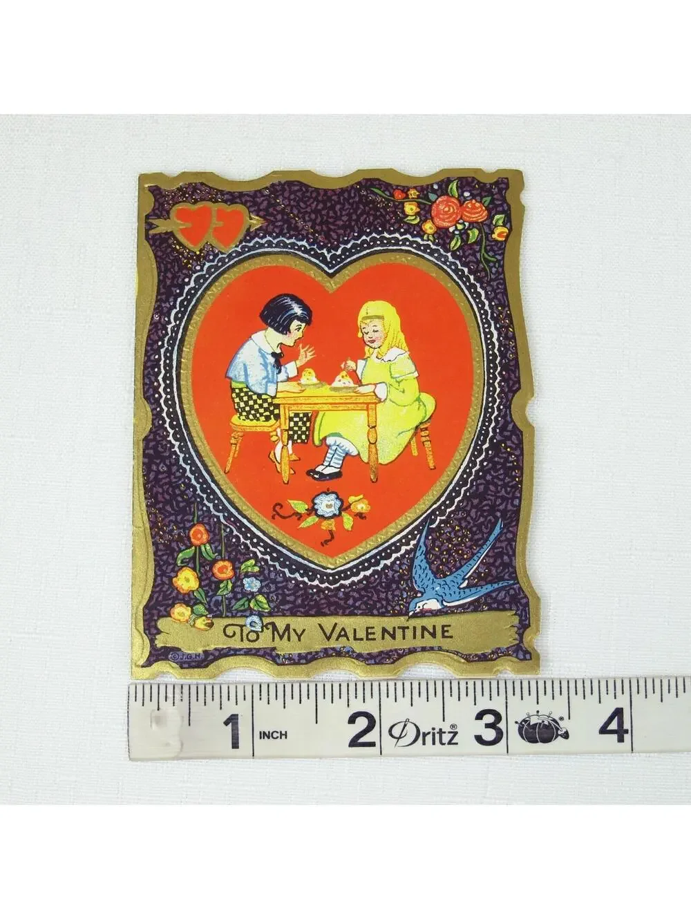 Vintage Valentine Die cut Fold Card Boy & Girl Gold Embossed 1920s-30s UNSIGNED